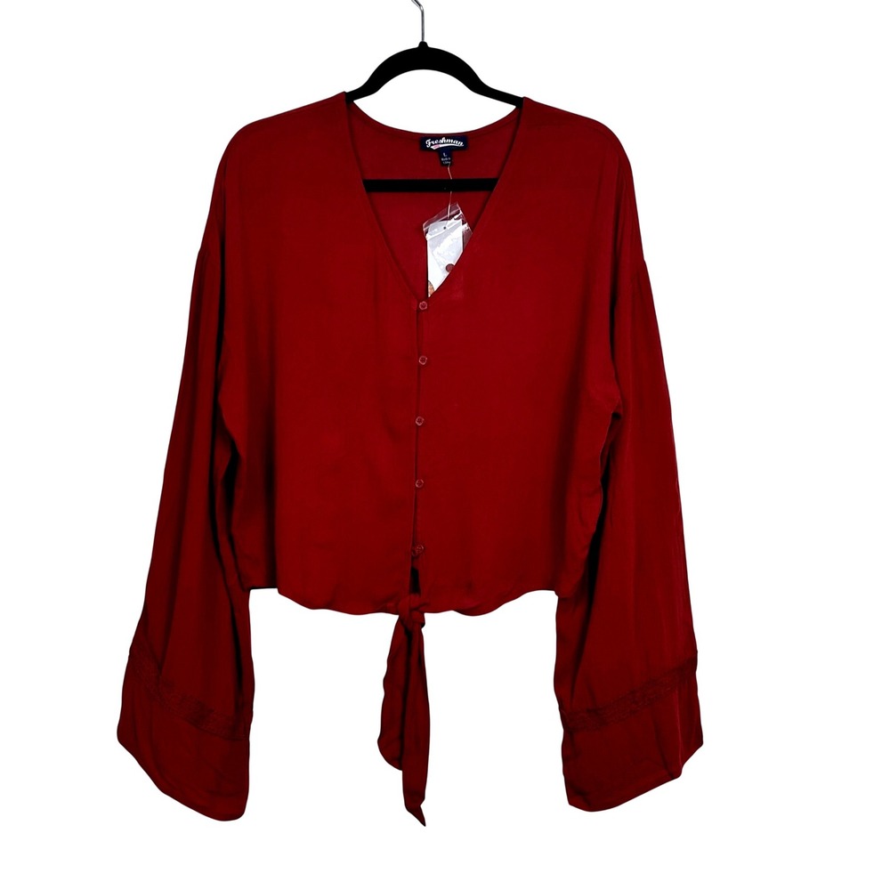 Freshman 1996‎ Top Womens Juniors Large Red Maroon Long Sleeve Tie Front Blouse